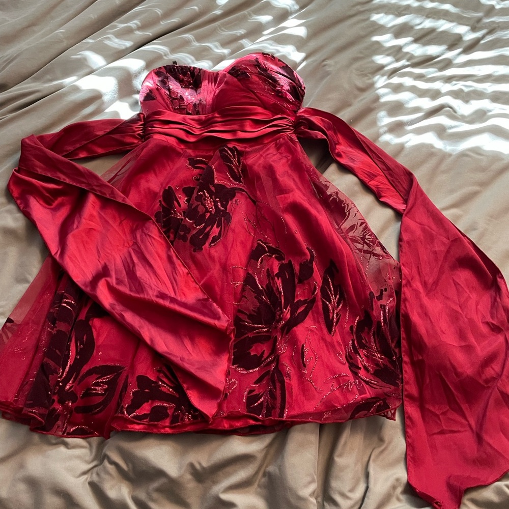 Le Chateau Red Floral Dress and matching evening bag.